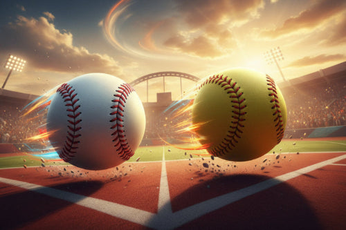 Baseball and softball on a sports field with a dramatic sky